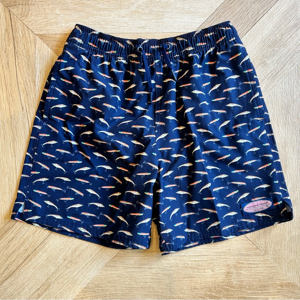 Vineyard Vines navy Chappy Swim Trunks with fishing lures